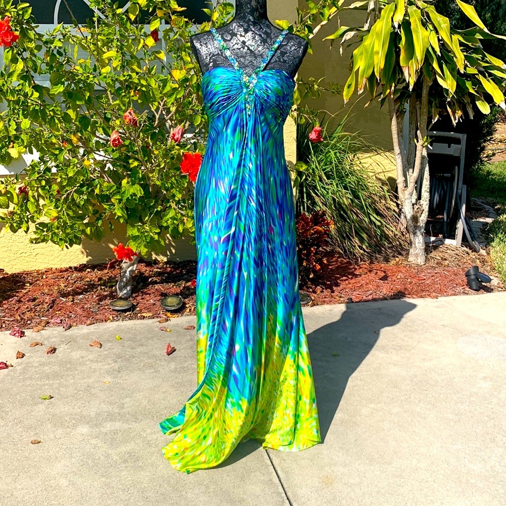 Stunning colorful whimsical gem gown by La Femme size 6
